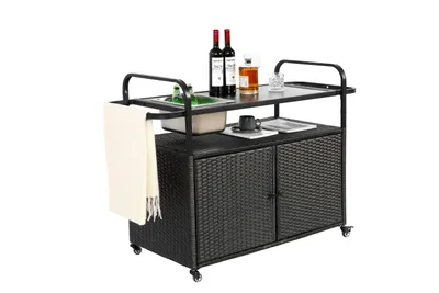 Produktbild von Outdoor-Bartisch, Wicker-Barwagen mit Schrank, Patio Servierwagen mit Stahlplatte, mit einem Eiskübel, abschließbare Räder, Seitenkorb für Garten