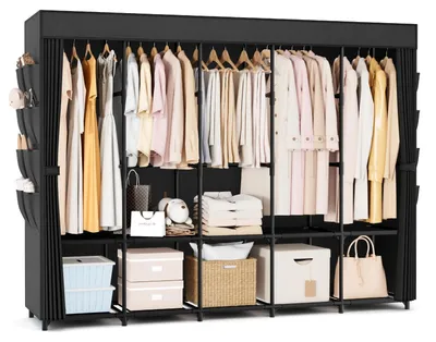Productafbeelding van Kledingkast - Stoffen kast 210 cm breed - Met afdekking - 5 kledingstangen - Zwart