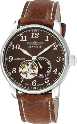 A close-up studio shot of a men's wristwatch with a brown leather strap and a brown dial.