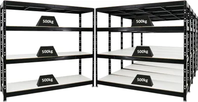 Produktbild von Mega Deal | 5x Profi Schwerlastregal Rhino | HxBxT 180x200x60cm | 4 Melamin-Ebenen 16mm | Fachlast 500kg | Schwarz