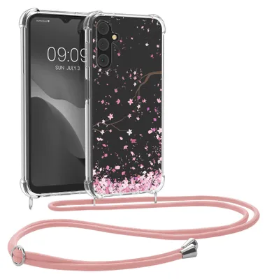 Produktbild von kwmobile Necklace Case kompatibel mit Samsung Galaxy A14 5G Hülle - Silikon Cover mit Handykette - Rosa Dunkelbraun Transparent Kirschblütenblätter
