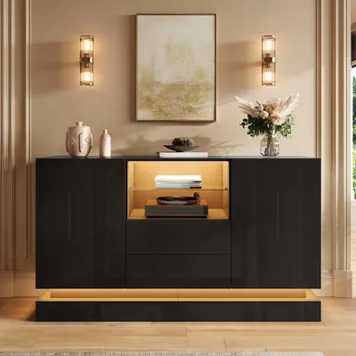 Produktbild von Merax Hochglanz Sideboard mit 2 Türen und 2 Schubladen, Kommode Anrichte mit offenes Fach und Glasboden, Wohnzimmerschrank mit LED-Beleuchtung,Schwarz