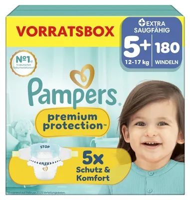 Produktbild von Pampers Premium Protection Größe 5+, 180 Windeln, 12kg-17kg – Größe Size5+_PPTVorratsbox, Premium Protection Taped MSB/Vorratsbox