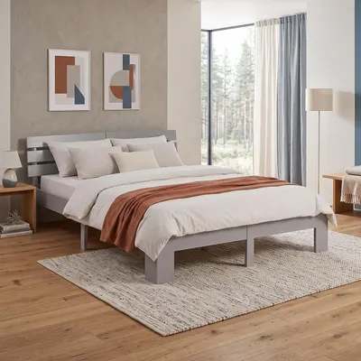 Produktbild von Homestyle4u Massivholzbett 140x200 Grau – Bett mit Matratze mit ® Standard 100 | Doppelbett Jugendbett Gästebett | Homestyle4u