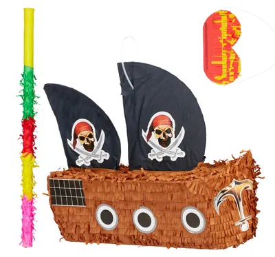 Produktbild von 3 tlg. Pinata Set Piratenschiff, Pinatastab mit Augenmaske, für Kinder, Stock & Augenbinde, selbst befüllen, Piñata, bunt