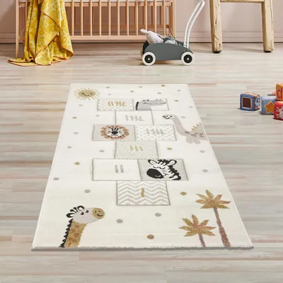Produktbild von Kinderteppich mit Tieren & Hüpfspiel Weich, Pflegeleicht & Strapazierfähig in creme Größe - 80 x 150 cm