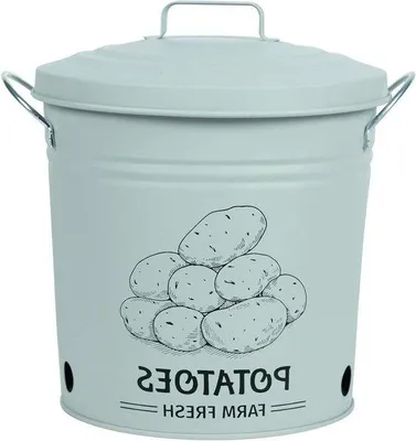 Zdjęcie produktu dla Metalowy pojemnik na ziemniaki z pokrywką, biały – średnica 27 cm, wysokość 22 cm – pojemność 5 l