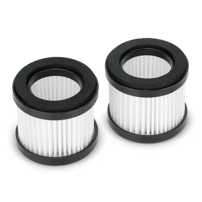 Two cylindrical vacuum cleaner filters with white pleated paper and black rubber seals are shown against a white background.