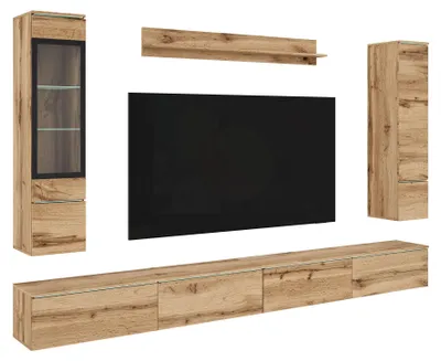 Zdjęcie produktu dla Nowoczesna meblościanka do salonu 300 cm z oświetleniem LED Dąb Wotan