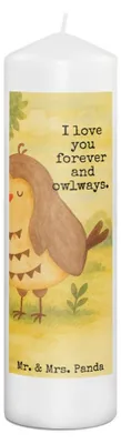 Produktbild von Mr. & Mrs. Panda Kerze Eule Zufrieden Design 29 x 8 cm XL - Weiß - Geschenk, Stumpenkerze, Erinnerungslicht, Müde, Hochzeitstag, Wortspiel, Owl, Erinnerungskerze