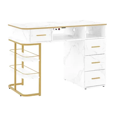 A white and gold nail desk with marble pattern.