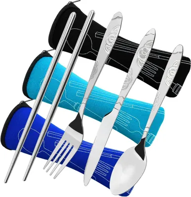 Produktbild von Besteckset aus Edelstahl, 12-teilig, mit Messer, Gabel, Löffel und Essstäbchen, für unterwegs