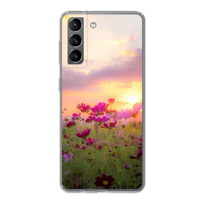 Produktbild von MuchoWow® Handyhülle Schutzhülle Hülle für Samsung Galaxy S21 Sonnenuntergang - Blumen - Rosa - Natur - Grün Silikon Softcase Handy Hülle - Softcase