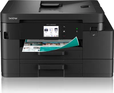 A black Brother MFC-J4550DW inkjet printer is shown from the front, with a sheet of paper partially ejected from the output tray.