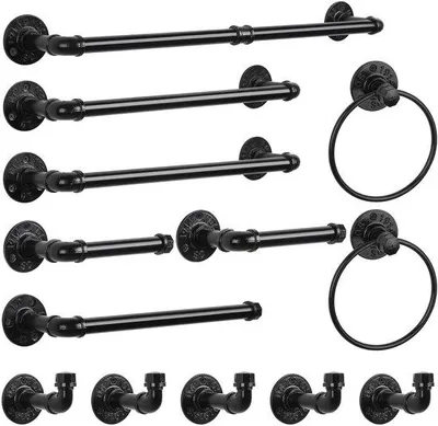 Productafbeelding van Unyqoos® badkameraccessoireset, 13-delig, zwart, van smeedijzer – industriële stijl, met 2 handdoekhouders, een handdoekring, 2 toiletrolhouders en 4 haken
