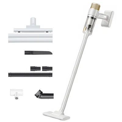 A white cordless vacuum cleaner with various attachments displayed on a white background.