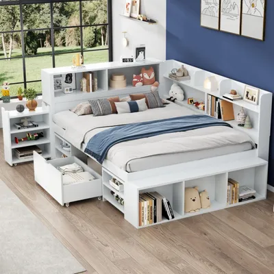 Image de Lit bébé 140x200 cm avec tiroir, étagère à livres et rangements intégrés, comprenant le sommier à lattes, supportant jusqu'à 200 kg, sans matelas, de couleur blanche