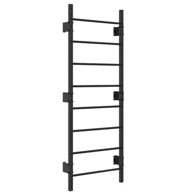A black metal wall-mounted gymnastics ladder with eight rungs, shown against a white background.