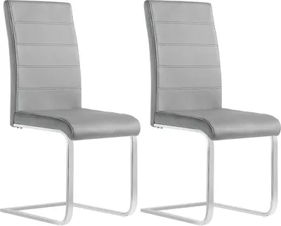 Two gray dining chairs with chrome legs are shown against a white background.