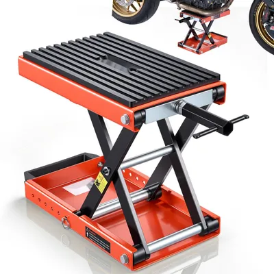 Produktbild von Motorradheber - Scheren-Motorradhebebühne - 680 kg Tragkraft - 105-350 mm Höhenverstellbar - Breite Auflagefläche - Sicherheitsbolzen - Für Straßenmotorräder Cruiser - Schwarz Orange