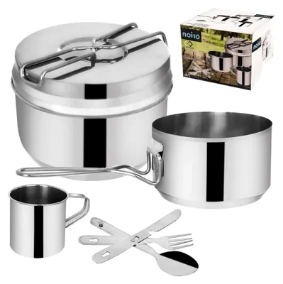 Produktbild von Camping Kochgeschirr Set aus Edelstahl | Kochtopf, Topf, Deckel - Teller, Becher und Besteck | 7-teiliges Kochgeschirr für Pfadfinder und Camping