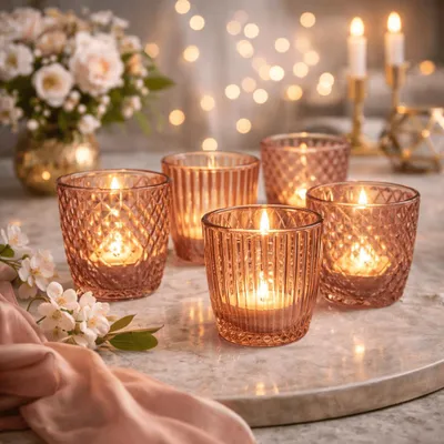 Produktbild von 6 Teelicht Halter Glas Teelichthalter Gläschen Kerzenhalter Tischdeko Hellorange