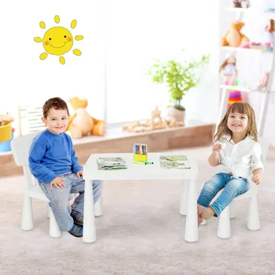 Zdjęcie produktu dla Zestaw mebli dziecięcych 3-częściowy, stolik dziecięcy z 2 krzesłami, meble dziecięce wykonane z białego plastiku