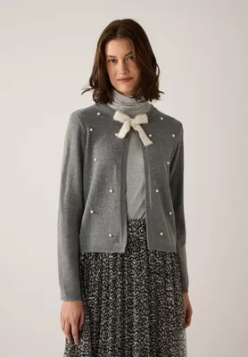 Produktbild von MORE & MORE Cardigan with Bow and Pearls warm grey melan 42