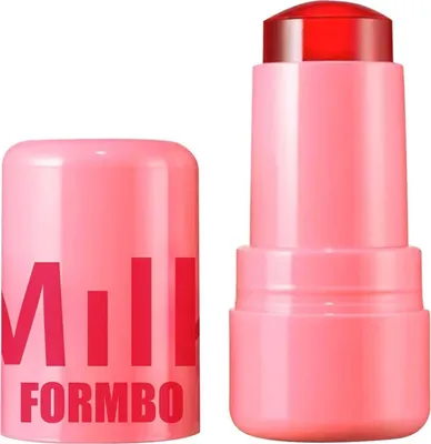Pink Milk Makeup Lip + Cheek Stick mit abgenommenem Deckel, der einen roten Balsam freigibt