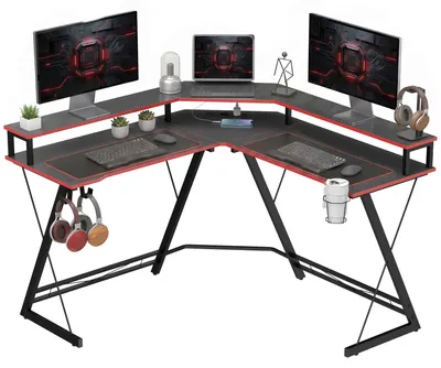 Produktbild von L-f?rmiger Computertisch mit Steckdosen, 128 cm Eckschreibtisch mit Monitorst?nder, Kopfh?rerhaken & Getr?nkehalter