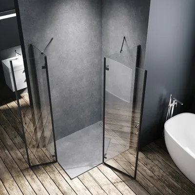 A modern bathroom with a concrete wall, wooden floor, and a glass shower enclosure.
