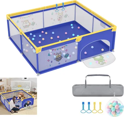 Image de LARS360 Parc pour bébé 180 x 200 cm, Bleu avec motifs d'animaux, Aire de jeux avec base antidérapante, Tente de jeux portable et barrière de protection pour bébé