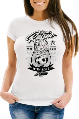 Produktbild von Damen T-Shirt WM-Shirt WM 2018 Fußball Weltmeisterschaft Russland Matryoshka Matrjoschka Tattoos Moonworks® weiß XS