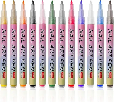 Produktbild von Nail Art Pen Set 12 Farben Nageldesign Stifte schnelltrocknend für Linien Muster Verzierungen geeignet für Gel Natur Acryl Nägel ideal für Anfänger