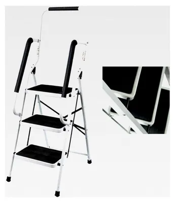Produktbild von Sicherheits-Stehleiter mit 3 Stufen und Handlauf, klappbar, rutschfest, aus Stahl für Küche, Zuhause und Büro