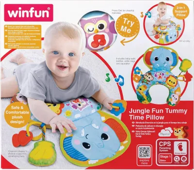 Image de WINFUN Jungle Fun Tummy Time Kussen joue des mélodies joyeuses avec un hochet et un anneau de dentition sans danger pour les bébés.