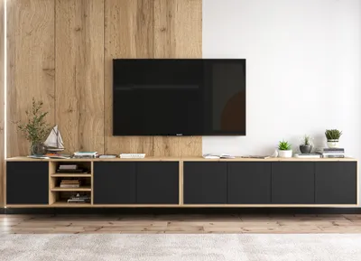 Produktbild von 2 Stk Hängende TV-Schrank Apollo + Apollo 2 300 TV Hängeschränke  Modern Lindner Möbel  300cm x 39cm x 35cm Farbe: Wotan Eiche matt - schwarz matt