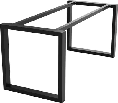 A black metal table frame with a trapezoidal design, viewed from a slightly elevated angle against a white background.