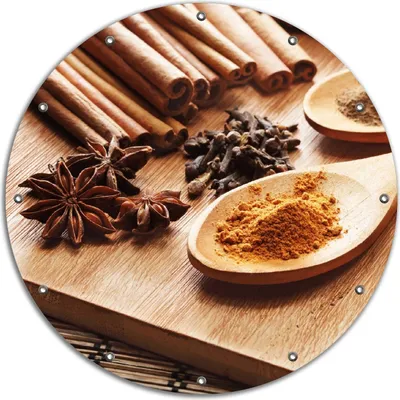 Produktbild von Wallario rundes Outdoor-Poster für Garten oder Balkon, Motiv Kräuter und Gewürze auf Holzlöffeln, 90 cm Durchmesser
