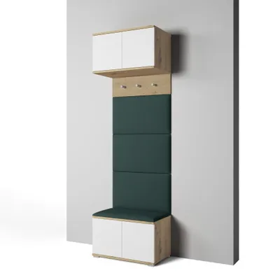 Produktbild von Garderoben-Set Aura Version 5: Schuhschrank mit Polsterpaneelen, Hängeschrank für Flur und Eingangsbereich (Weiß / Eiche Artisan/Trinity 28)