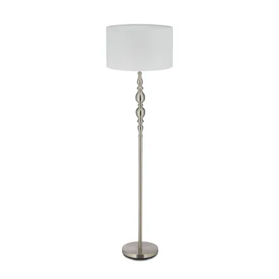 Immagine prodotto di Lampada da terra Relaxdays per soggiorno, E27, con cavo, paralume in tessuto Ø 43 cm, lampada da terra vintage alta 155 cm, bianco-argento