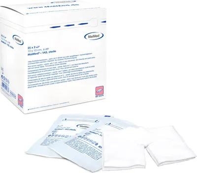 Obrázok produktu pre MaiMed-VKS-sterilné kompresy z netkanej textílie 10x10cm so 6 násobnou štrbinou 25x2 ks/box | box (50 ks)