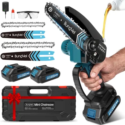 Produktbild von 6+8 Zoll Akku-Kettensäge 2x 21V 2000mAh, mini kettensäge mit akku & bürstenlosem Motor,inkl. 2 Akkus, Ladegerät &  Ersatzketten