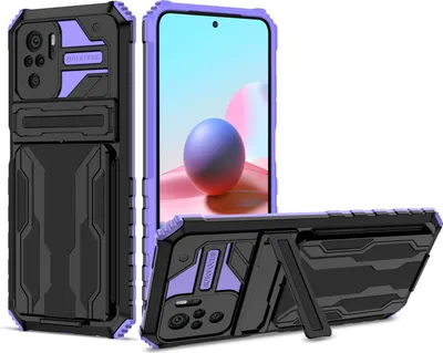 Produktbild von Redmi Note 10 4G Hülle, Hybrid Robust Schutz Stoßfest Schutzhülle mit Kartenhalter Ständer für Xiaomi Redmi Note 10 4G / Note 10S Lila