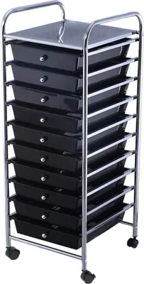 A black rolling cart with 10 drawers and a metal frame is shown against a white background.