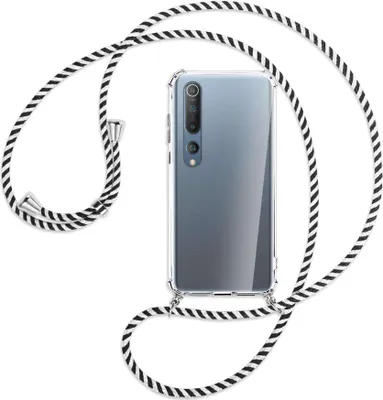 Produktbild von Handykette Backcover-Schutzhülle mit Band (Metall silberfarben) für Xiaomi Mi 10 (Pro) - schwarz/weiß gestreift