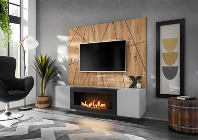 Immagine prodotto di Mobili per soggiorno SHIRIKI con biocamino - grigio perla / rovere artigianale / nero