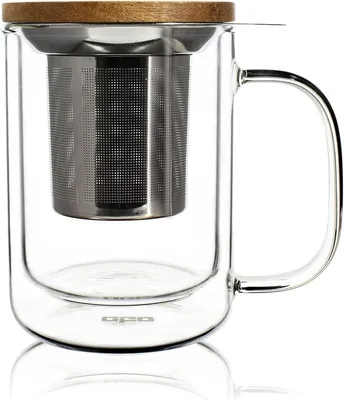 A clear studio shot of a glass tea mug with an infuser and bamboo lid.