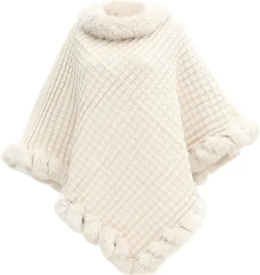 Produktbild von Dreieckschal für Damen, einfarbig, kariert, mit Kunstpelzbesatz, leicht und warm, Schultertuch, Cape
