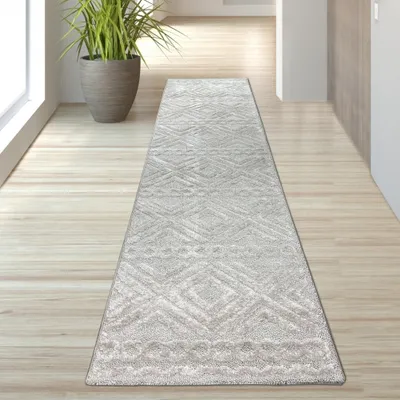 Obrázok produktu pre Koberec do obývačky v štýle boho s kosoštvorcovým vzorom a kruhmi v béžovej farbe – rozmery 80 x 300 cm
